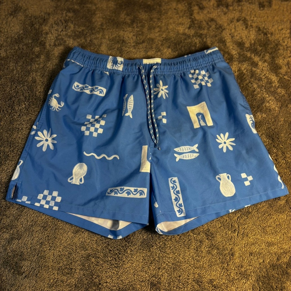 Goodfellow & Co Mens Blue Mediterranean Print Swim Trunks Size M Mesh Lined